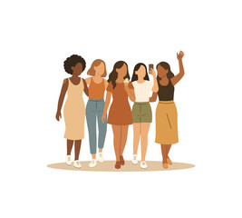 Diverse group of young women walking together smiling