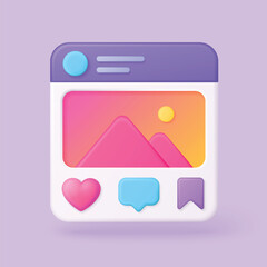 Colorful 3d social media post interface with heart like comment and bookmark icons perfect for social media marketing branding and digital content design vector illustration