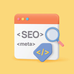 Modern 3D style browser window with SEO and meta tags, magnifying glass and code symbol, perfect for digital marketing, web development, and search optimization vector illustration