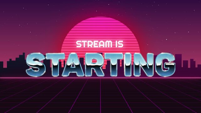 80s Retro Style Stream Starting Overlay Animation with Neon Grid and Synthwave Background