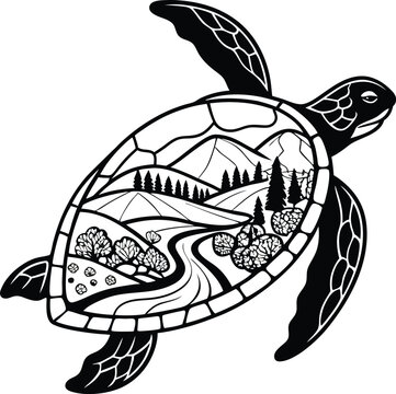 Elegant Turtle Shell Landscape Design Featuring Mountains Rivers and Trees Perfect for Branding and Logos
