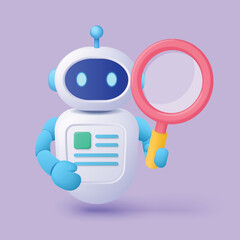 Cute 3d robot character with blue arms holding a pink magnifying glass on a purple background perfect for search technology artificial intelligence or chatbot concepts vector illustration