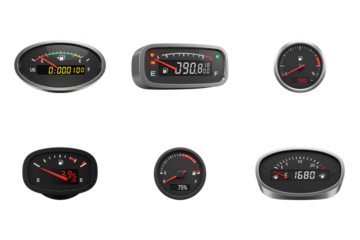 Digital Gauges: A collection of sleek, modern digital gauges and indicators, showcasing vital vehicle information against a clean backdrop, illustrating essential data.