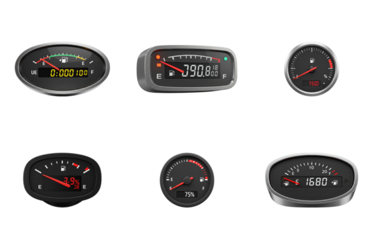 Digital Gauges: A collection of sleek, modern digital gauges and indicators, showcasing vital vehicle information against a clean backdrop, illustrating essential data.