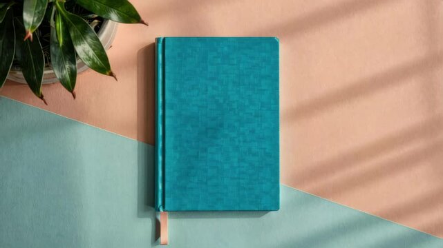 A blue hardcover notebook with a ribbon bookmark lies on a pastel geometric background next to a green potted plant.