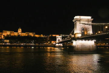 Danube embankment at the evening and night. Autumn in Budapest. Old architecture. High resolution...