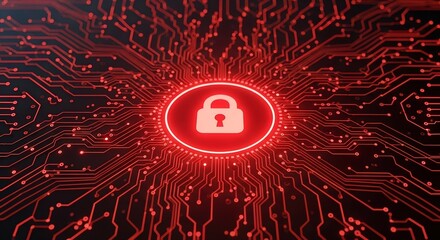 Cybersecurity concept: Red glowing padlock icon on circuit board background
