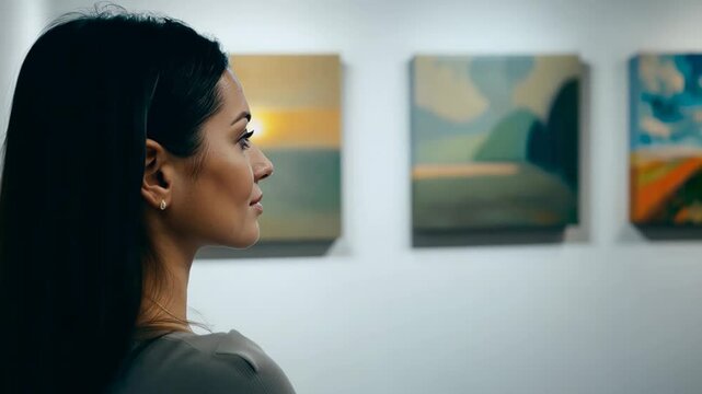 Art enthusiast observing colorful artwork in a gallery, appreciating creativity and aesthetics