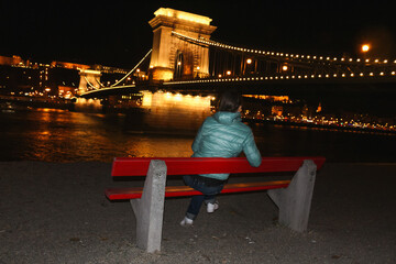 Danube embankment at the evening and night. Autumn in Budapest. Old architecture. High resolution...