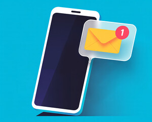 A smartphone with an email notification on a bright blue background concept for love or messaging