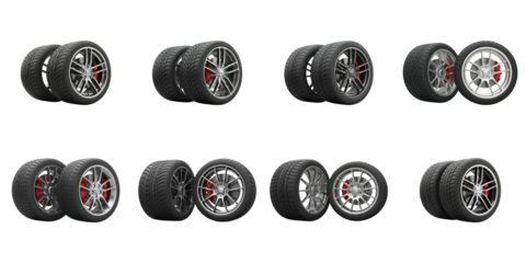 Rolling Rubber: A dynamic array showcases multiple pairs of high-performance vehicle tires, revealing intricate design and engineered for optimal grip and performance.