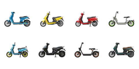 Electric Scooter Array: An eye-level shot featuring a collection of modern electric scooters, each a vibrant symbol of sustainable transport, innovation and style.