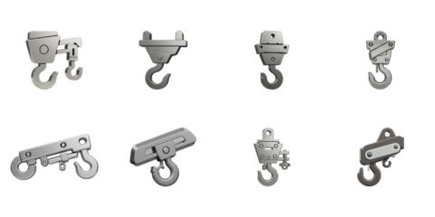 Industrial Lifting Hooks: A diverse assortment of heavy-duty hooks for lifting, each meticulously crafted for industrial applications, showcased against a clear backdrop.