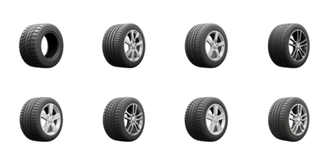 Tires Collection: A diverse range of car tires, showcasing various treads and wheel designs, presented in a studio shot, emphasizing their details and features. 