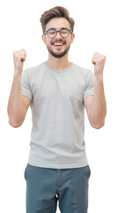 Fototapeta premium Excited young man celebrating success with raised fists, wearing glasses and casual gray t shirt