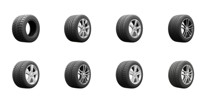 Tires Collection: A diverse range of car tires, showcasing various treads and wheel designs, presented in a studio shot, emphasizing their details and features. 