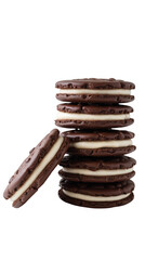 Delicious chocolate cookies stacked high, featuring creamy filling between rich chocolate wafers, perfect for dessert lovers