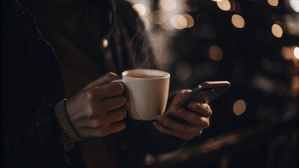Young people are drinking hot coffee and tea beverages, holding cups and mugs in their hands at a cafe table during a business office breakfast break