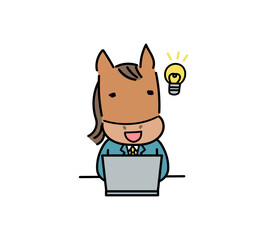 パソコン作業中にアイデアを思いついた馬のキャラクター