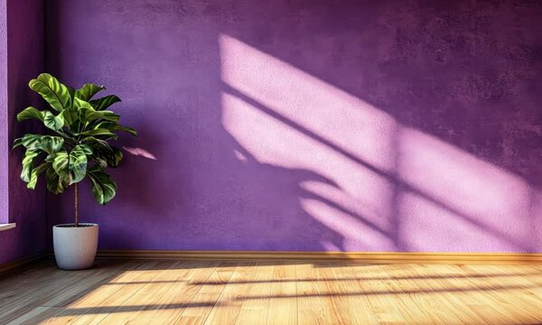 A purple painted wall illuminated by sunlight through a window, creating artistic shadow patterns on a wooden floor in a minimalist interior scene.