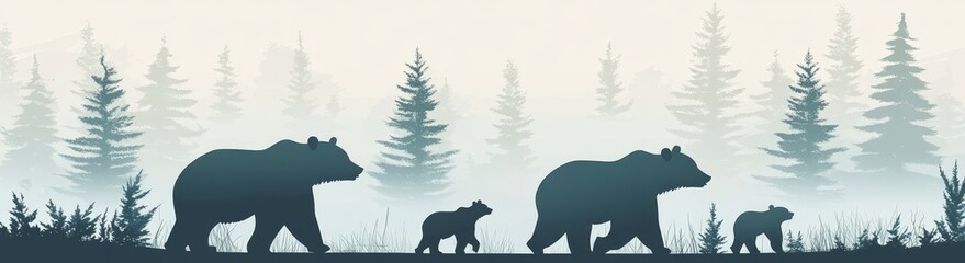 Black bear family situated in a woodland forest with mountains, presented as a seamless texture pattern created using modern graphics © Maksim