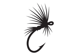 Black silhouette of a fly fishing logo vector, fly fishing lure logo icon silhouette, fly fishing hook silhouette, fly fishing flies silhouette vector design on white background