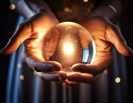 illuminated crystal ball held by two hands representing mediumship fortune teller mystic mysterious magical