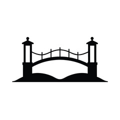 Black vector silhouette of an industrial city skyline with a ship and a wrought iron gate, illustrating the architecture of a construction business by the sea