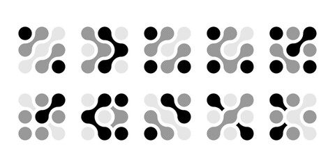 Abstract connected circles and dots icon. Integrate innovate logo, vector technology shape. Neuron Nano molecula, artificial brain symbol. Network science data, metaball design. Organic medical liquid
