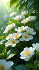 Close-up of white flowers blooming in lush green foliage, bathed in sunlight