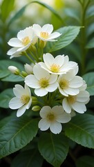 Close-up of delicate white flowers blooming in lush green foliage