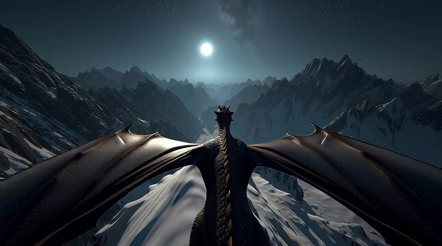 a dragon soaring majestically over snow-capped mountains under the moonlit sky, with its silhouette outlined against the radiant moon. The scene evokes a sense of wonder, fantasy and adventure
