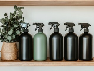Five spray bottles, mostly black with one green, neatly arranged on a wooden shelf beside a woven basket holding green leafy branches.