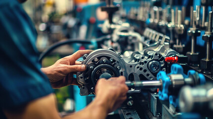 Fototapeta premium Skilled worker assembling precision machinery parts in modern factory, industrial manufacturing process, engineering and mechanical technology concept.