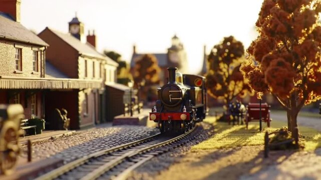 Miniature Classic City with Train. Diorama Model Animation of Vintage Urban Scene