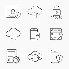 Simple outline icons representing cloud storage, data syncing, mobile security and server maintenance, Great for IT cloud services and digital safety visuals