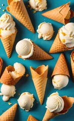 Delicious Vanilla Ice Cream Cones on Birch Wood Background, Flat Lay. Realistic Tasty Style with Crumbs, Advertising Attractive Shot