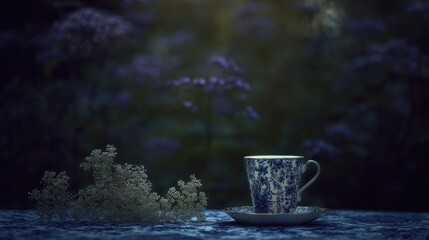 Dried white flowers in an antique blue and white porcelain teacup