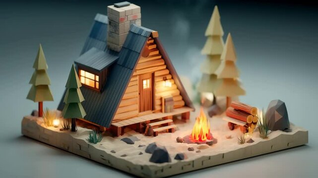 Cartoon Wooden Cabin in Snowy Landscape with Bonfire and Pine Trees