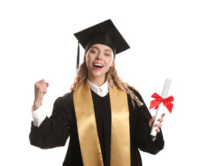 Happy student with diploma after graduation on white background