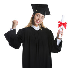 Happy student with diploma after graduation on white background