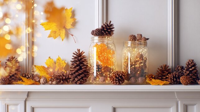 Fall leaves and pine cones in mason jars with fairy lights inside - Powered by Adobe