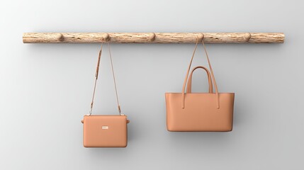 Design of two simple-shaped wooden coat hangers on the wall, hanging with handbags and bags