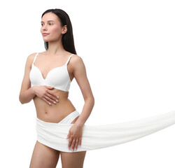 Young woman with beautiful fabric on white background