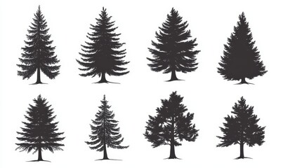 Obraz premium Black evergreen woods provide a dramatic backdrop for the silhouettes of fir trees, showcased in a modern illustration of coniferous spruce and pine