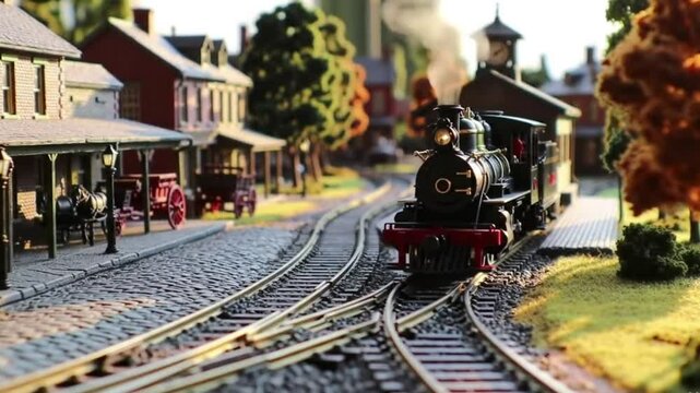 Miniature Classic City with Train. Diorama Model Animation of Vintage Urban Scene