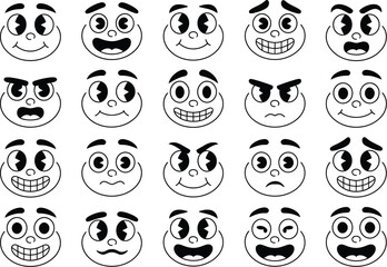 Obraz premium Retro Cartoon Faces Vector Expressions Black and White Set