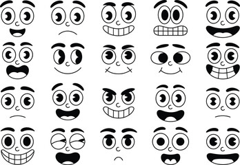 Black and White Retro Cartoon Faces Vector Expressions Set
