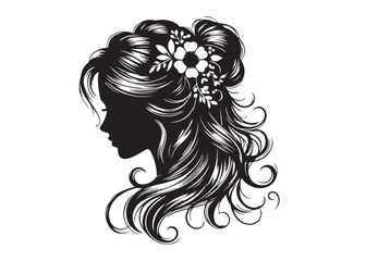 woman hairstyle logo silhouette vector illustration, hair salon logo icon vector silhouette, beauty long hair woman logo silhouette, beauty woman long hair silhouette on white background