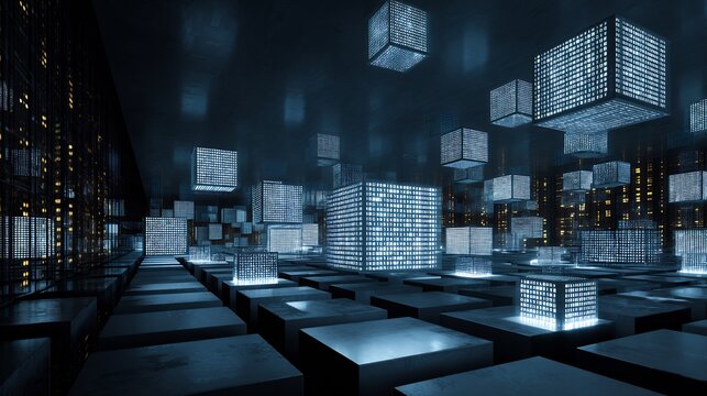 Business background featuring quantum computing server room glowing qubit cubes floating mathematical patterns futuristic business analytics grid no people